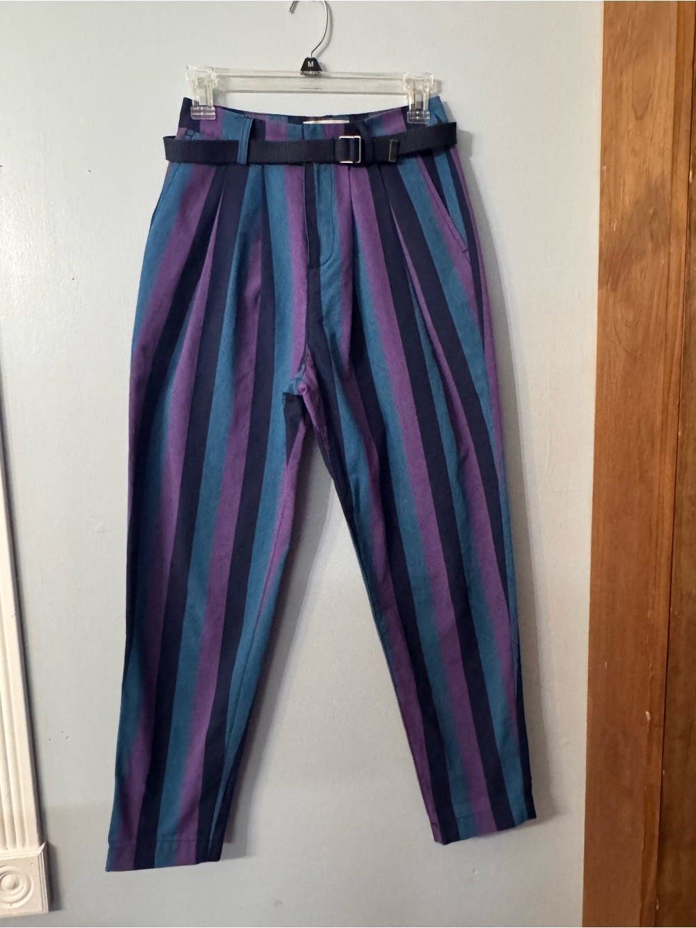 Urban Outfitters Striped Pleated High Rise Tapered Pants with Webbed Belt